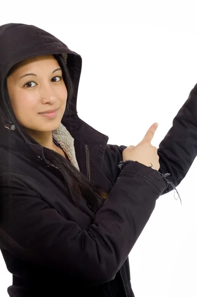 Model looking at camera and  pointing — Stock Photo, Image