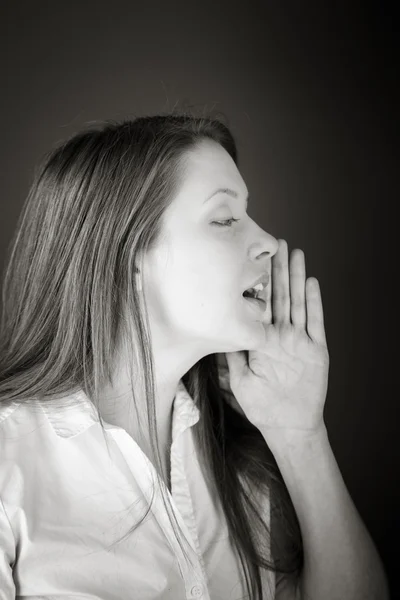 Model talking or shouting in voice — Stock Photo, Image