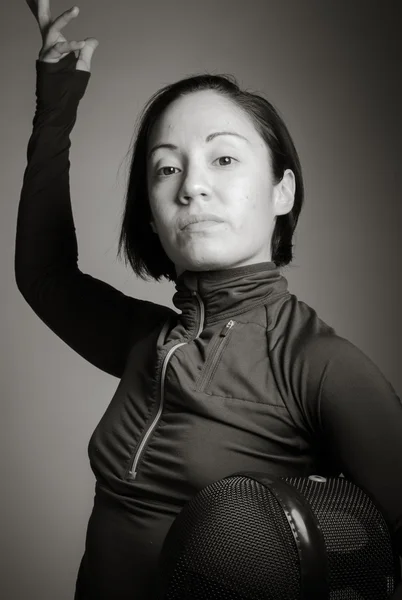 Female fencer holding a mask — Stock Photo, Image