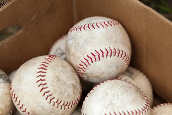 Pelotas de béisbol viejas blancas en caja de cartón — Foto de Stock