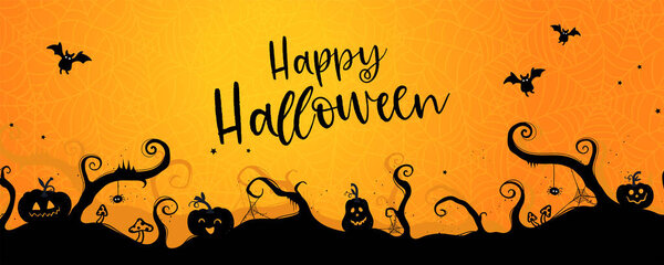 Happy Halloween Banner or Party Invitation, hand drawn background with candies, pumpkins, ghosts and decoration. Vector design