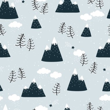 Şirin el çizimi kış manzarası pürüzsüz desen, karalama dağları, ağaçlar ve dekorasyon - noel tekstil ürünleri, afişler, duvar kağıtları, ambalaj - vektör tasarımı -