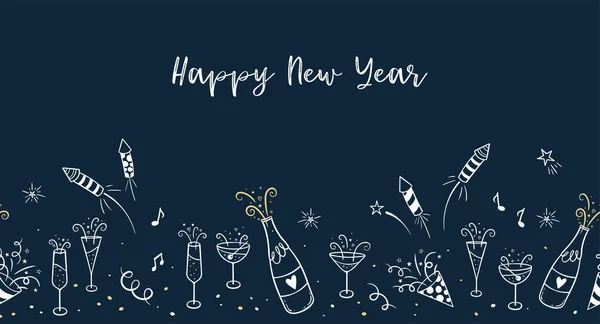 Mooi Met Hand Getekend New Years Design Doodle Vuurwerk Cocktails — Stockvector