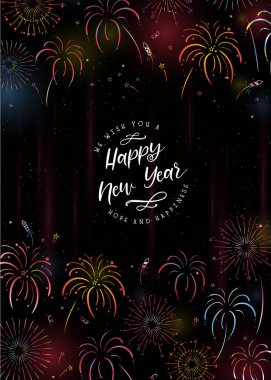 Güzel el yapımı havai fişekler ve tipografi, Yeni Yıl tasarımı, kartlar için renkli şablon, duvar kâğıdı, afiş - vektör tasarımı
