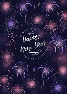 Güzel el yapımı havai fişekler ve tipografi, Yeni Yıl tasarımı, kartlar için renkli şablon, duvar kâğıdı, afiş - vektör tasarımı