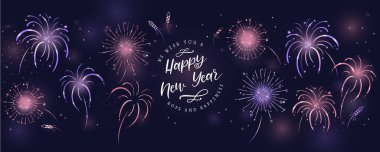 Güzel el yapımı havai fişekler ve tipografi, Yeni Yıl tasarımı, kartlar için renkli şablon, duvar kâğıdı, afiş - vektör tasarımı