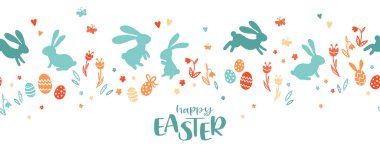Tavşanlı, çiçekli ve Paskalya yumurtalı Paskalya tasarımı, tatlı karalamalar arka planı, kartlar, davetiyeler, afişler, duvar kağıtları - vektör tasarımı