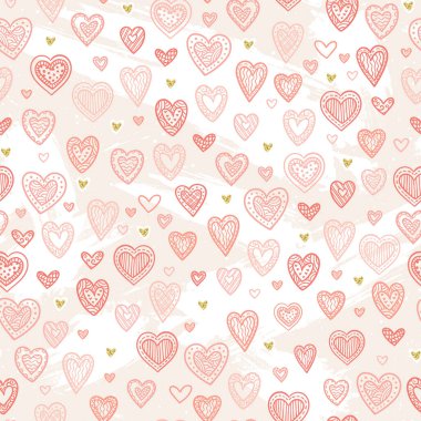 Sevimli Sevgililer Günü kusursuz desen, elle çizilmiş kalp karalamaları, kartlar, afişler, duvar kağıtları, ambalajlar - vektör tasarımı