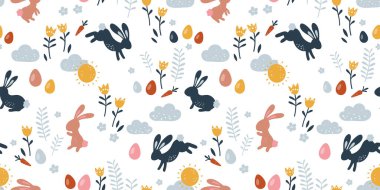 Güzel el çizimi Paskalya deseni, karalama tavşanları, yumurtalar ve çiçekler, afişler, duvar kağıtları, ambalajlar, tekstil - vektör tasarımı