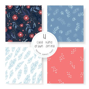 İlkbaharda eşleşen 4 adet kusursuz desenler, el çizimi çiçek ve soyut tasarımlar, tekstil, ambalaj, pankart, duvar kağıtları - vektör tasarımı -