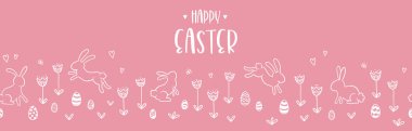 Güzel el çizimi Paskalya yatay kusursuz desen, sevimli tavşanlar, tekstil, pankart, duvar kağıtları, ambalaj - vektör tasarımı