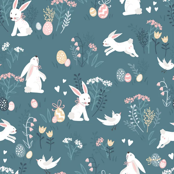 Sevimli el çizimi paskalya desensiz güzel tavşanlar ve dekorasyonla, tekstil, pankart, duvar kağıdı, ambalaj - vektör tasarımı için harika