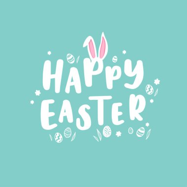 Paskalya Baskı Arkaplanı Paskalya Yumurtaları, Kulaklar ve dekorasyonla Mutlu Paskalya Arkaplanı - afişler, duvar kağıtları, davetiyeler, kapak resimleri - vektör tasarımı