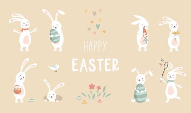Paskalya Tavşanları, eğlenceli pozlar, çiçekler ve yumurtalar, yumurta avı, dekorasyon baskıları, el ilanları, afişler, duvar kağıtları - vektör tasarımı -