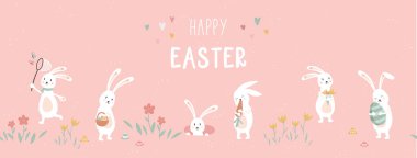 Paskalya desenli tavşanlar ve Paskalya süslemeleri, yumurta avı, şirin pozlar, tekstil, afişler, duvar kağıtları, baskılar - vektör tasarımı