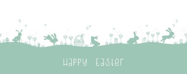 Sevimli el çizimi yatay paskalya tasarımı, tavşanlı siluet tasarımı, yumurtalar ve çiçekler, ağ afişleri, duvar kağıtları, kartlar - vektör tasarımı -