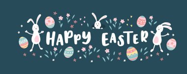 Paskalya tasarımı, şirin tavşanlar ve renkli yumurtalar, güzel çiçekler, tebrik kartları için eğlenceli şablon, davetiyeler, afişler, duvar kağıtları - vektör tasarımı