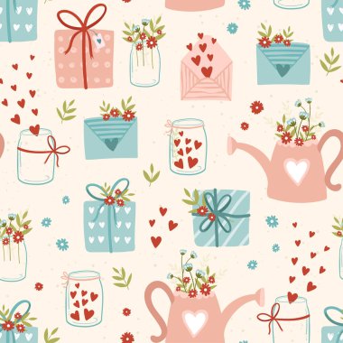 Güzel el çizimi Anneler Günü karalama elemanları, kusursuz desen, çiçekler, kalpler ve dekorasyon, tekstil, afişler, ambalajlar, duvar kağıtları - vektör tasarımı -