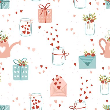 Güzel el çizimi Anneler Günü karalama elemanları, kusursuz desen, çiçekler, kalpler ve dekorasyon, tekstil, afişler, ambalajlar, duvar kağıtları - vektör tasarımı -