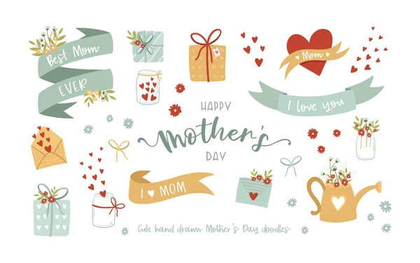 Piękny Ręcznie Rysowane Elementy Dzień Matki Doodle Kwiaty Banderole Liternictwo — Wektor stockowy