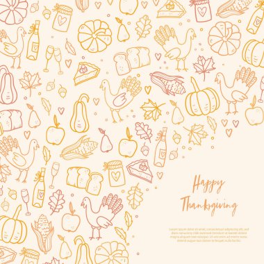 Güzel el çizimi Şükran Günü tasarımı, şirin karalama arkaplanı, afişler, duvar kağıtları, ambalajlar, tekstil - vektör tasarımı
