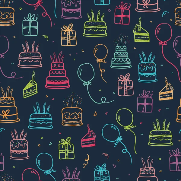 可爱的涂鸦蛋糕无缝图案 有趣的聚会背景 伟大的生日聚会 纺织品 包装矢量设计 — 图库矢量图片