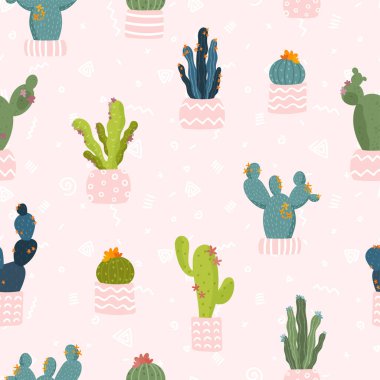 Sevimli el çizimi kaktüssüz desen, güzel karalama süslemeleri, yaz tekstil ürünleri, afişler, duvar kağıtları, ambalajlar - vektör tasarımı -