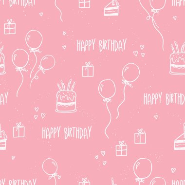 Sevimli el çizimi, kusursuz doğum günü şablonu, balonlarla, pastalarla, hediye kutularıyla ve dekorasyonla eğlenceli arka plan, ambalaj, tekstil, afişler, duvar kağıtları - vektör tasarımı -