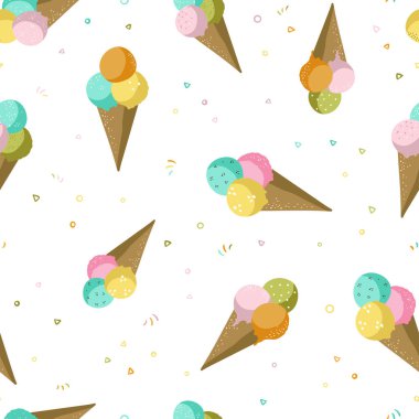Sevimli el çizimleri buz külahları kusursuz desen, lezzetli dondurma arkaplanı, yaz tekstil ürünleri, afişler, duvar kağıtları, ambalajlar - vektör tasarımı