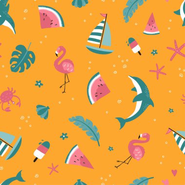 Güzel el çizimi, kusursuz yaz deseni, şirin karalamalar, plaj arkaplanı, tekstil için harika, mayo, ambalaj, pankart, duvar kağıtları - vektör tasarımı -