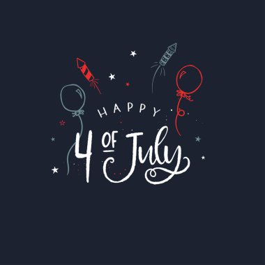 Sevimli 4 Temmuz tasarımı, el yazısı ve vatansever karalamalar, eğlenceli arka plan, davetiyeler, afişler, duvar kağıtları, kapak resimleri - vektör tasarımı