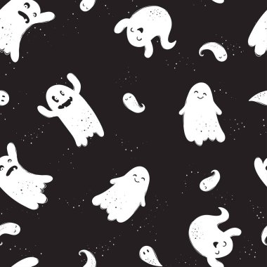 Eğlenceli el çizimleri kusursuz desenler, şirin ve ürkütücü Cadılar Bayramı arkaplanı, tekstil, ambalaj, kumaş, pankart, duvar kağıtları - vektör tasarımı