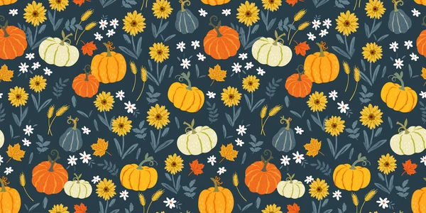 Mooi Met Hand Getekend Thanksgiving Naadloos Patroon Met Pompoenen Zonnebloemen — Stockvector