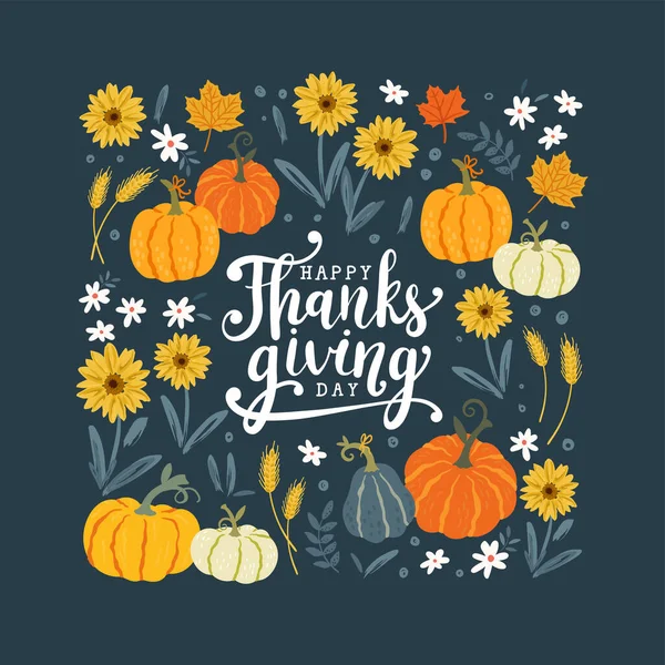 Schöne Handgezeichnete Thanksgiving Designs Mit Kürbissen Und Sonnenblumen Ideal Für — Stockvektor
