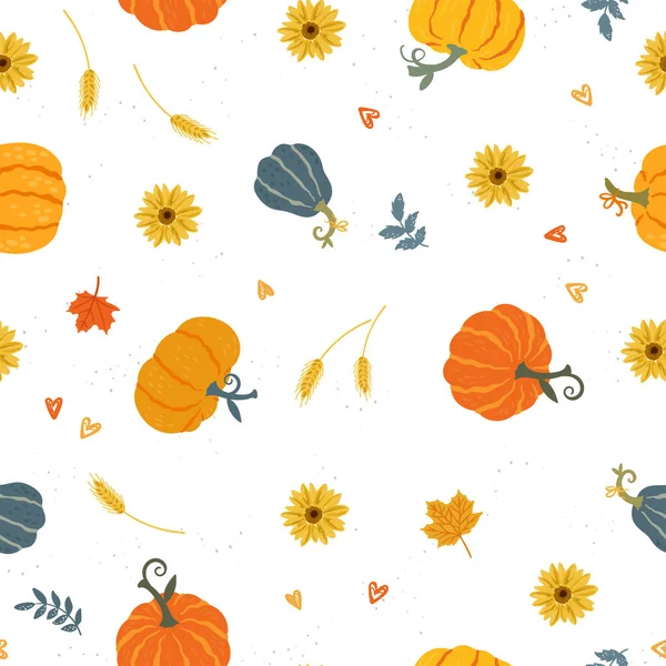 Mooi Met Hand Getekend Thanksgiving Naadloos Patroon Met Pompoenen Zonnebloemen — Stockvector