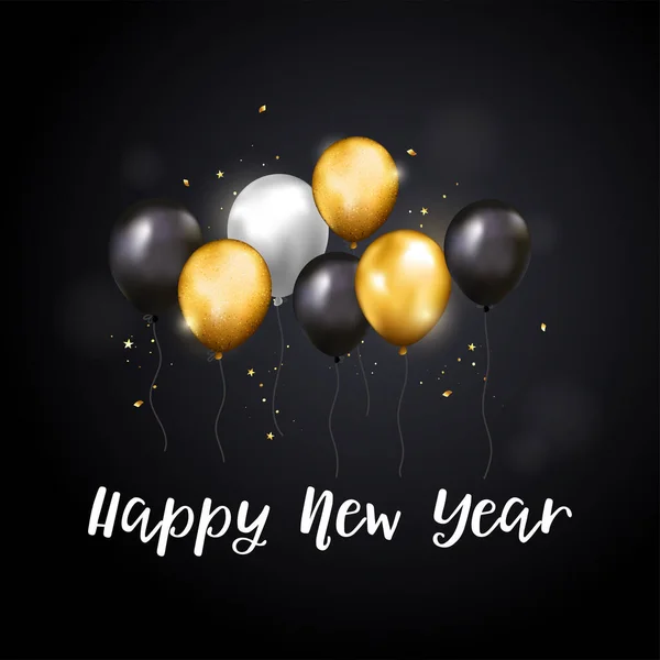 Elegant New Years Design Shiny Balloons Gold Glitter Confetti Text — Stok Vektör