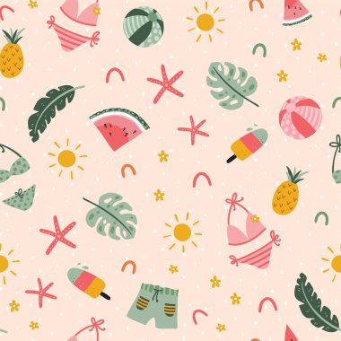 Lovely hand drawn beach seamless pattern with bikinis and decoration, great for textiles, fashion, banners, wallpapers, wrapping - vector design