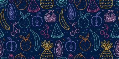 Sevimli karalama meyveleri dikişsiz desen, ananas, kavun, kivi ve daha fazlası ile el çizimi arka plan - tekstil, ambalaj, yüzey, duvar kağıtları - vektör tasarımı
