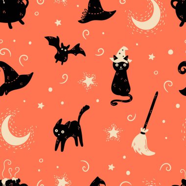 Kediler, şapkalar, yarasalar ve dekorasyonla cadılar bayramı kusursuz desenli eğlenceli bir el çizimi - tekstil, afişler, duvar kağıtları, ambalaj - vektör tasarımı -