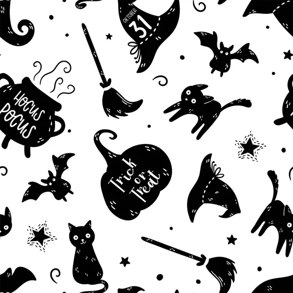 Szórakoztató Kézzel Rajzolt Halloween Zökkenőmentes Minta Macskák Kalapok Denevérek Dekoráció — Stock Vector