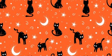 Eğlenceli el çizilmiş kediler, şirin cadılar bayramı kusursuz desen, arka plan, tekstil, afişler, duvar kağıtları, ambalaj - vektör tasarımı