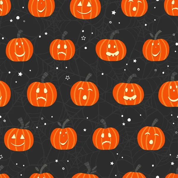 Carino Disegnato Mano Modello Senza Cuciture Halloween Con Zucche Felice — Vettoriale Stock