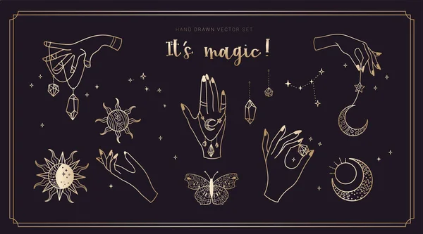 Σετ Από Μαγικά Χέρια Κρύσταλλα Και Ουράνια Σύμβολα Μοντέρνα Τέχνη — Διανυσματικό Αρχείο