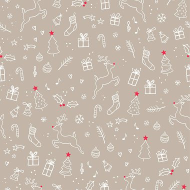 Güzel noel karalamaları kusursuz desenler - el çizimi ve detaylı, noel tekstil ürünleri, afişler, ambalajlar, duvar kağıtları - vektör yüzey tasarımı