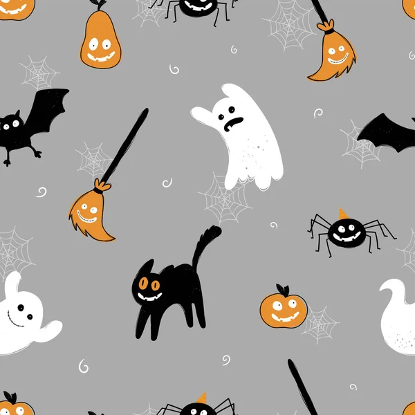 Roztomilý Ručně Kreslený Halloween Bezešvé Vzor Strašidelný Design Skvělé Pro — Stockový vektor