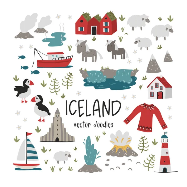 Hermoso Diseño Islandia Dibujado Mano Animales Garabatos Casas Montañas Ideal — Vector de stock