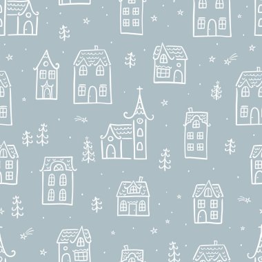 Sevimli el çizimleri kusursuz karalama evleri, yıldızlı ve dekore edilmiş evlerle dolu Noel kasabası, afişler, duvar kağıtları, davetiyeler - vektör tasarımı -