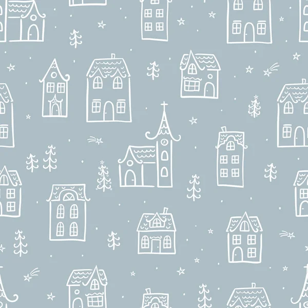 Sevimli el çizimleri kusursuz karalama evleri, yıldızlı ve dekore edilmiş evlerle dolu Noel kasabası, afişler, duvar kağıtları, davetiyeler - vektör tasarımı -