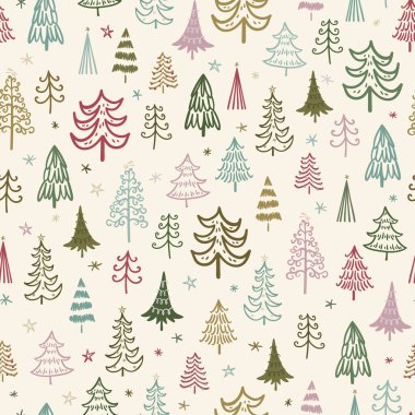 Sevimli el çizimi karalama ağaçları, harika noel desenleri, resimli arka plan, ambalaj kağıdı, tekstil, duvar kağıtları, ambalaj - vektör