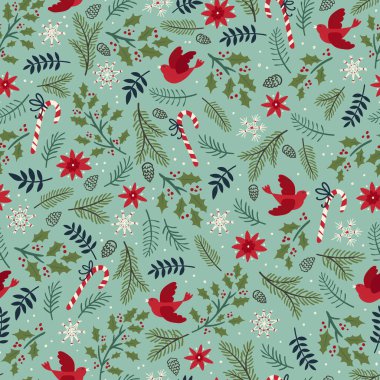 Güzel el çizimi Noel yeşilliği ve kuşlar, pürüzsüz desen, baskılar, tekstil, afişler, duvar kağıtları - vektör